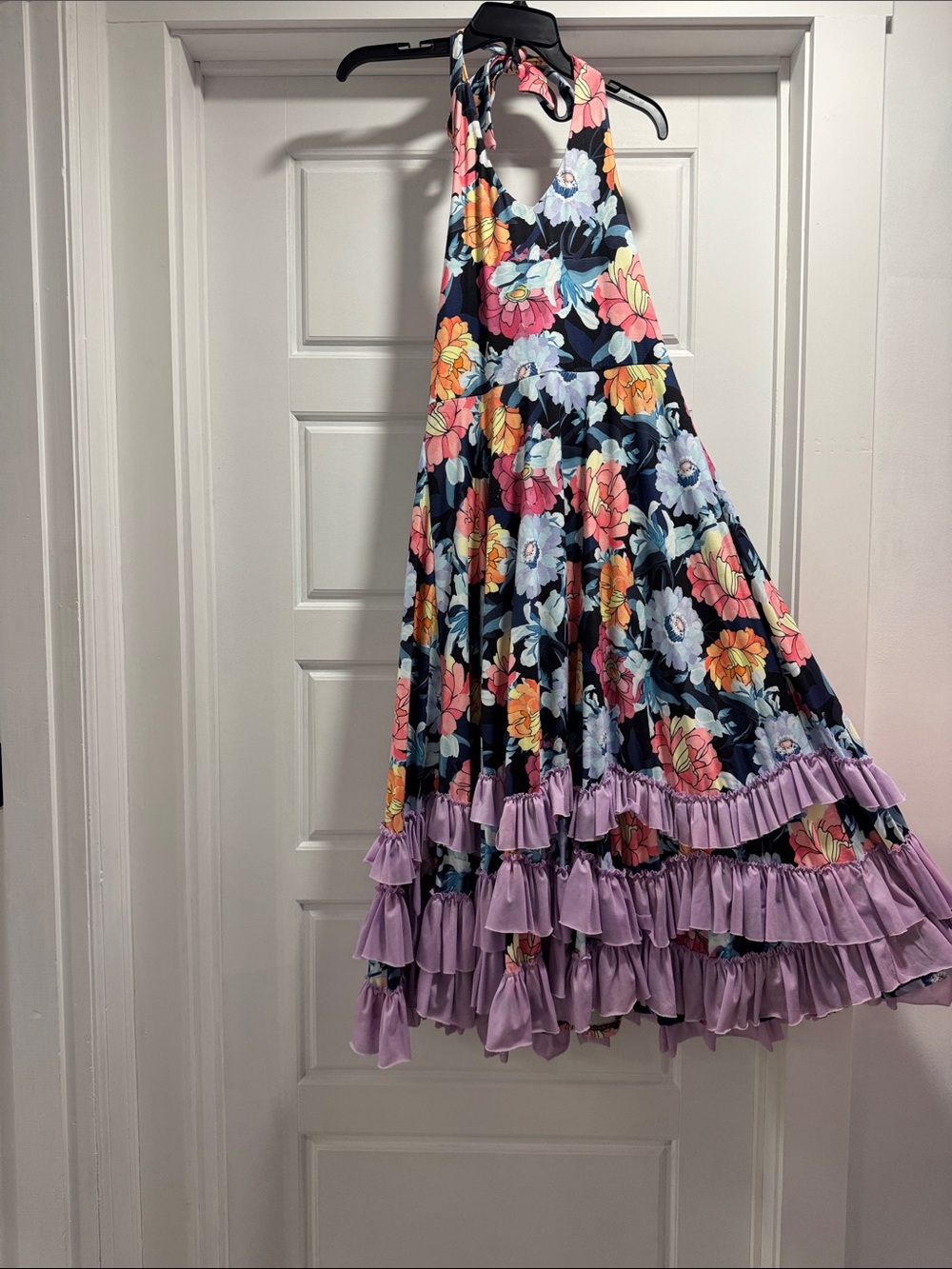 Girls' Navy Floral Halter Dress with Lilac Ruffle Hem